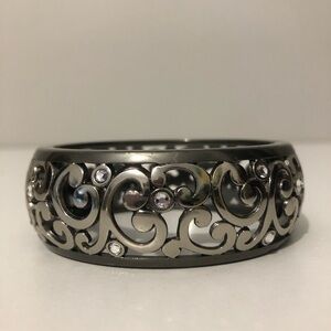 Brighton Contempo Gunmetal Filigree Crystal Accent Hinged Bangle Bracelet